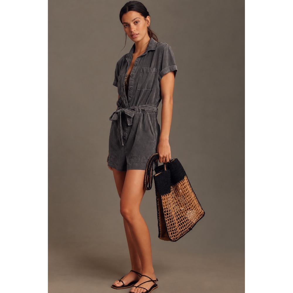 Anthropologie Cloth & Stone Tencel Utility Romper XS Gray Boiler Suit Belted